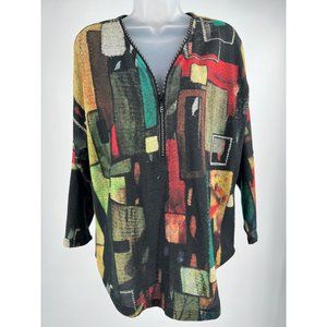 Jess & Jane "Cubes" Jeweled Zipper V-Neck Top Size Small